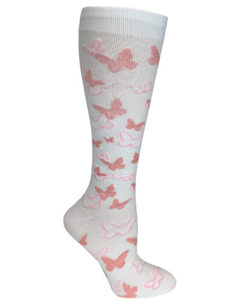 386-PBW 12" Premium Compression Socks Pink Butterflies White (15 - 18mmhg compression)