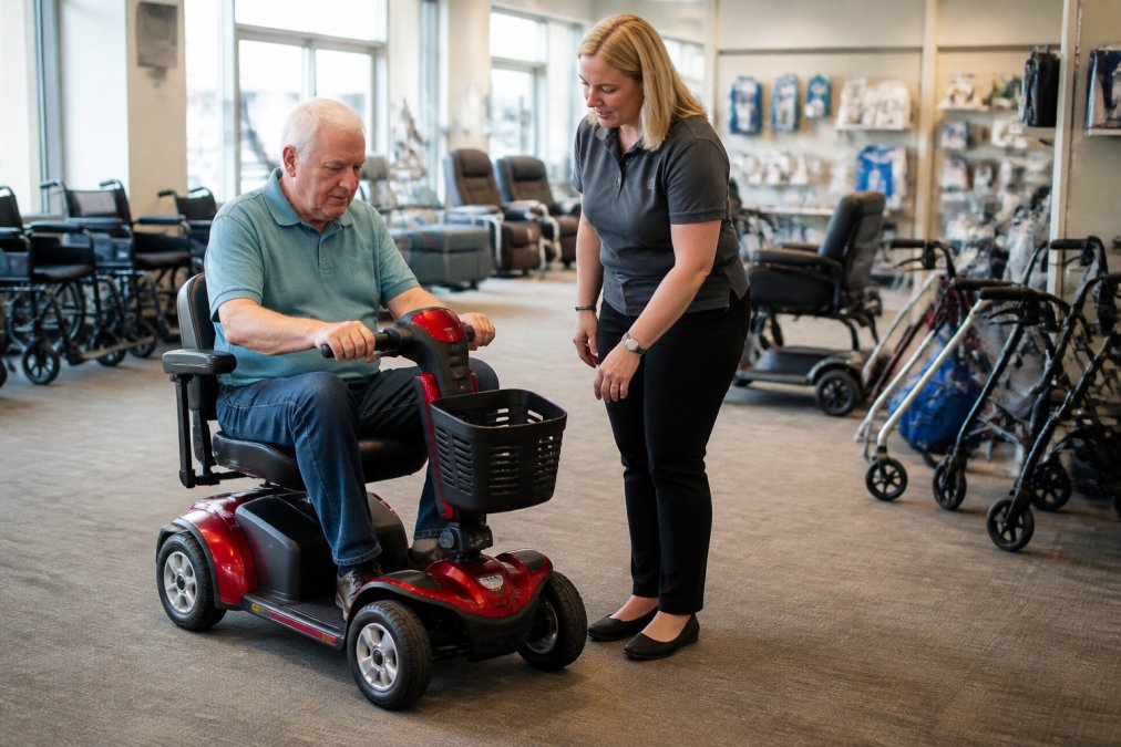 Customer testing a mobility scooter in a bright medical supply showroom while a knowledgeable staff member observes and provides guidance on features and handling