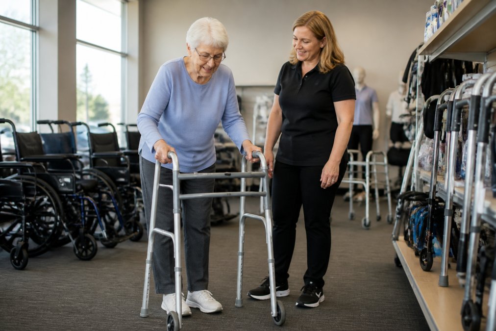 A senior woman testing the grip and height of a walker in a bright medical supply showroom, with a staff member standing nearby offering guidance