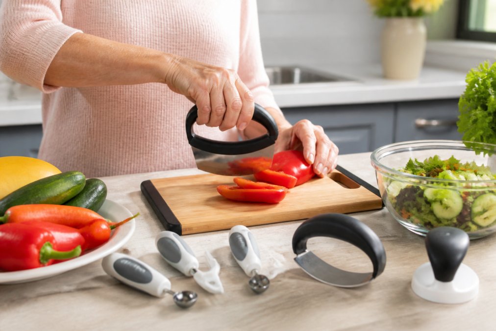 Close-up of hands using adaptive kitchen tools with built-up handles and ergonomic grips while preparing vegetables at a kitchen counter with natural lighting