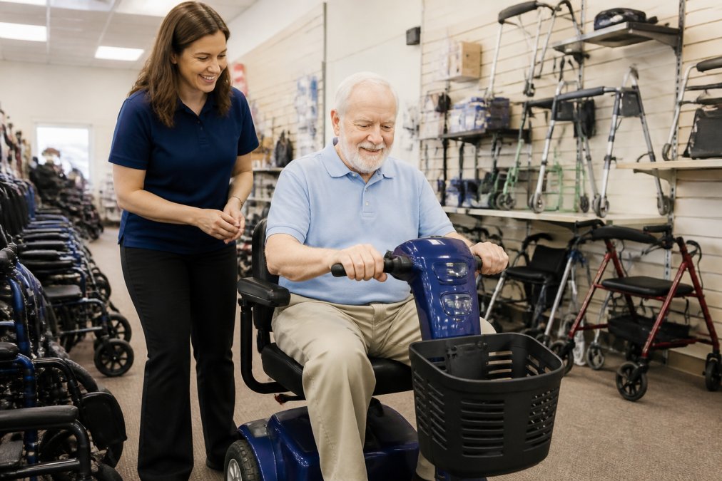 Senior testing a mobility scooter in a showroom with medical equipment rental staff assisting